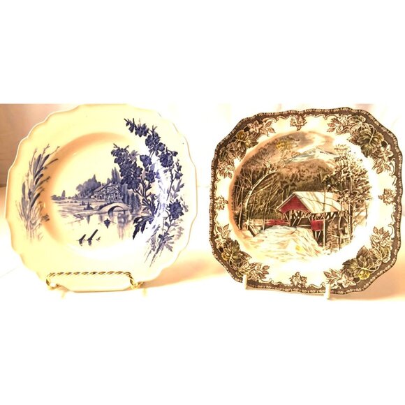 Plates Two Covered Bridge JOHNSON BROTHERS Meadowsweet Myott Sons Eng. Both Vint - Picture 1 of 10